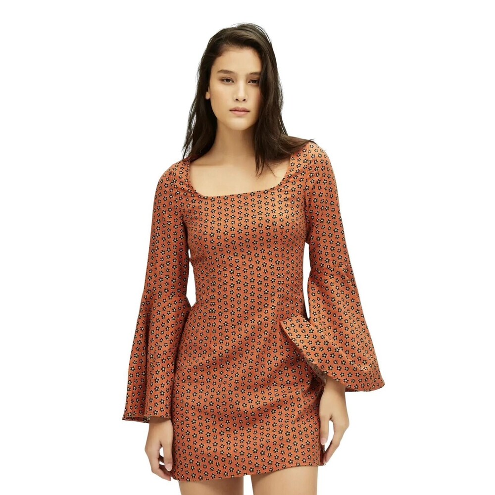 Cider Orange Floral Bell Sleeve Mini Dress Boho Cottagecore Women L